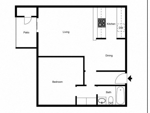 Floor plan for 1 bed, 1 bath, 725 sqft